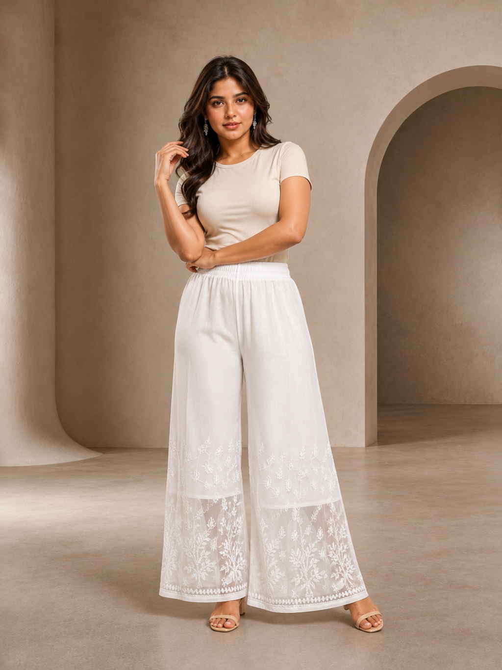 White Chiffon Hand-Embroidered Chikankari Palazzo