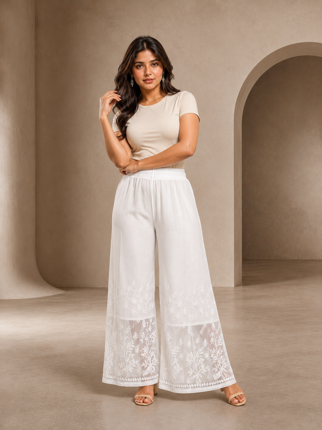 White Chiffon Hand-Embroidered Chikankari Palazzo