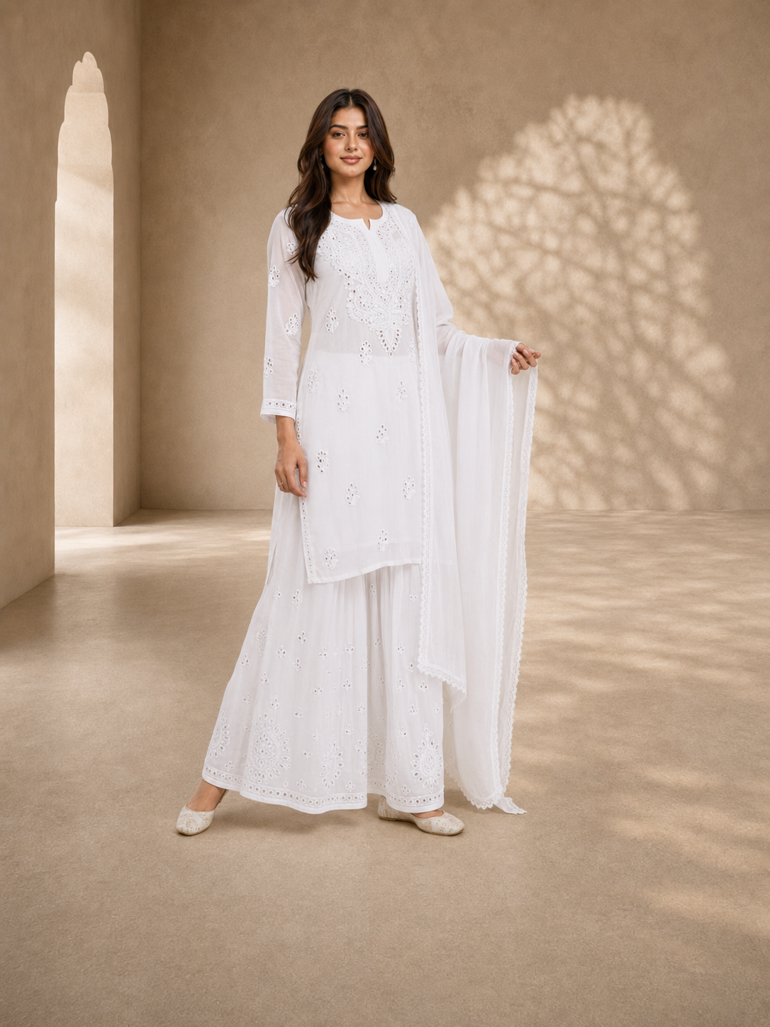 Ilham White Chiffon Hand-Embroidered Chikankari Palazzo Set