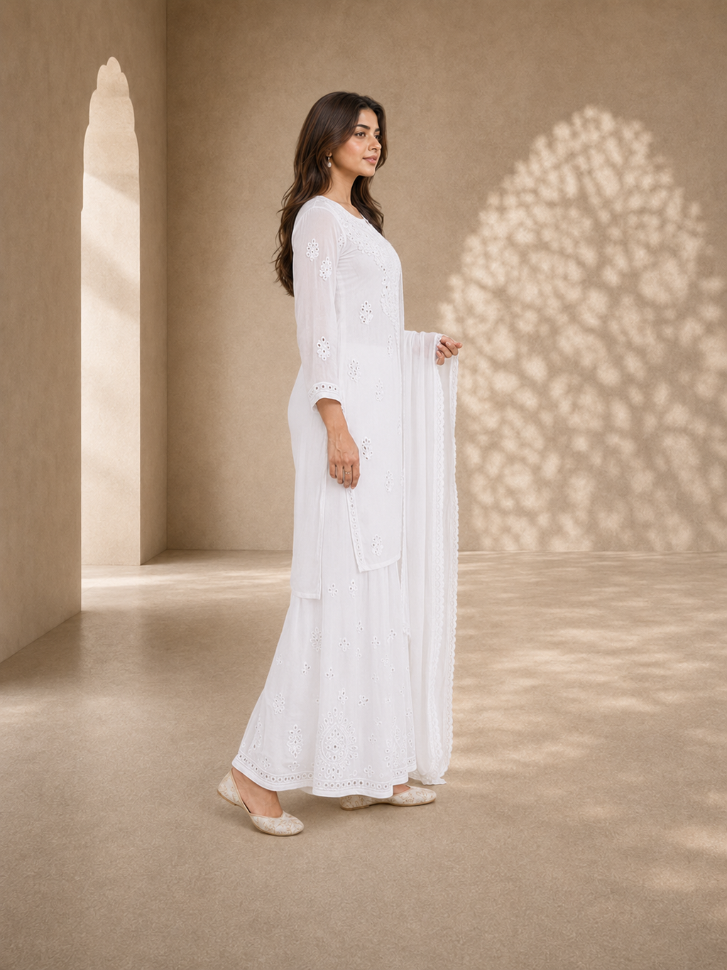 Ilham White Chiffon Hand-Embroidered Chikankari Palazzo Set