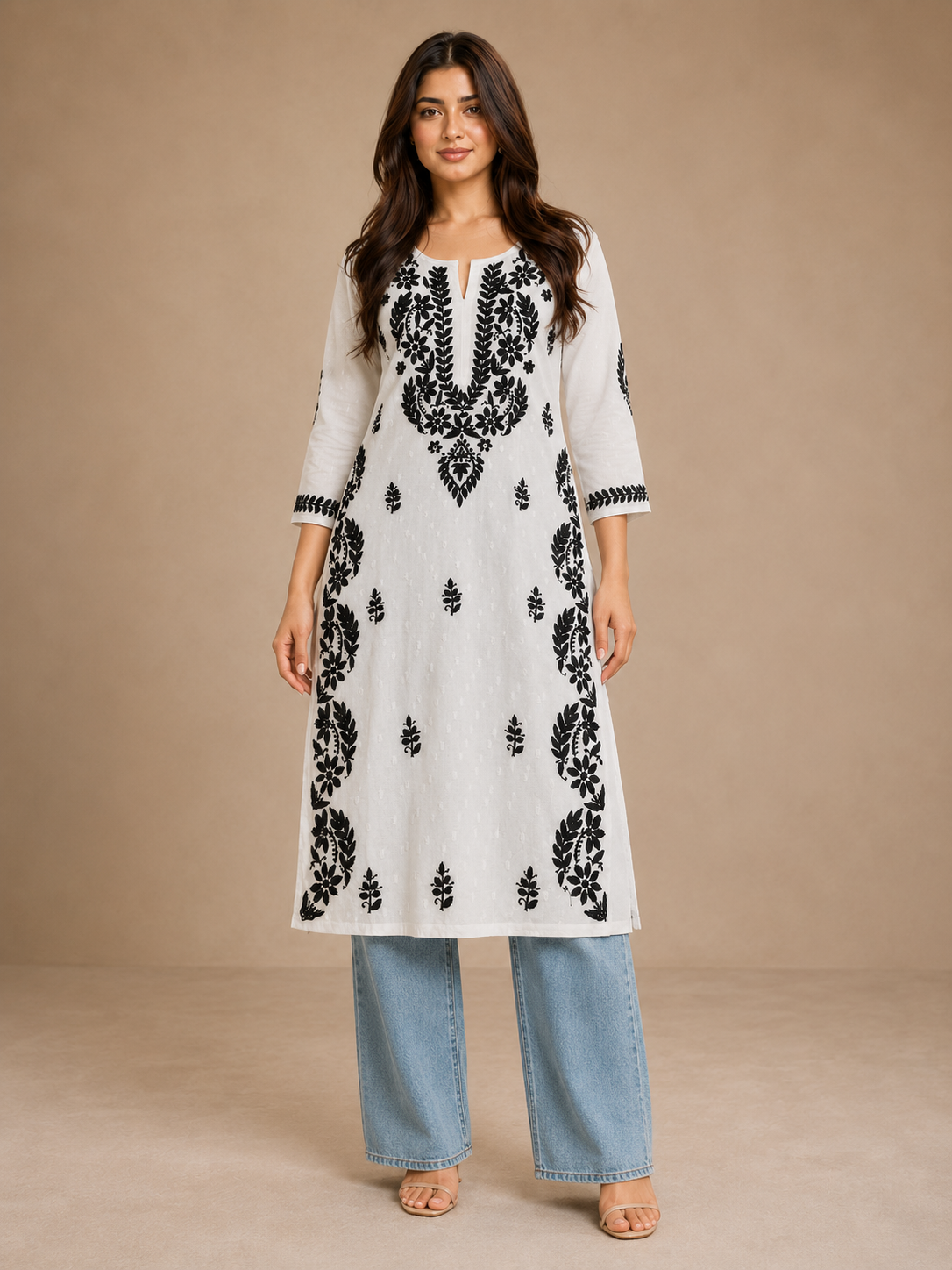 Ilham White & Black Hand-Embroidered Chikankari Jayakot Cotton Long Kurti