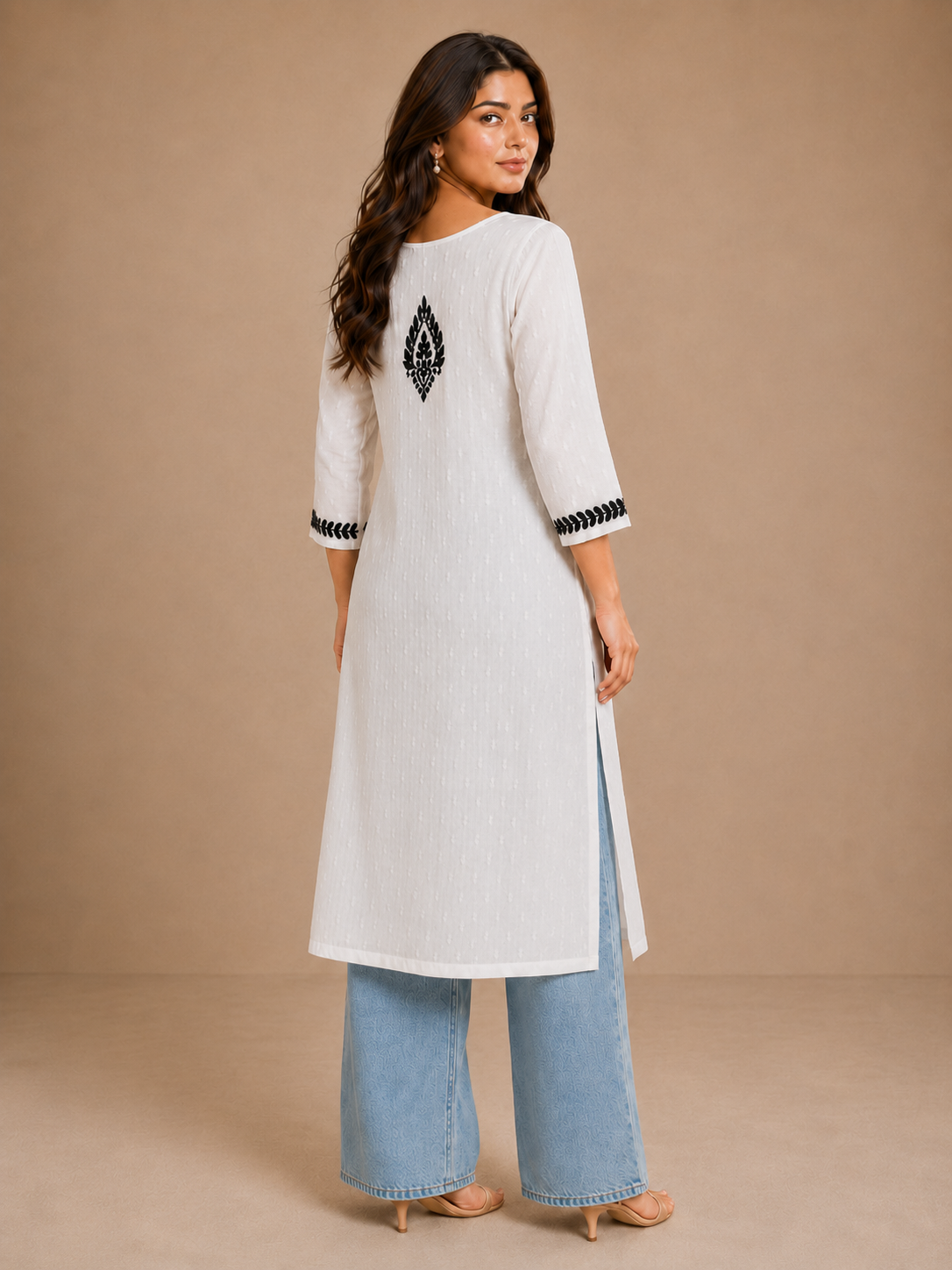 Ilham White & Black Hand-Embroidered Chikankari Jayakot Cotton Long Kurti