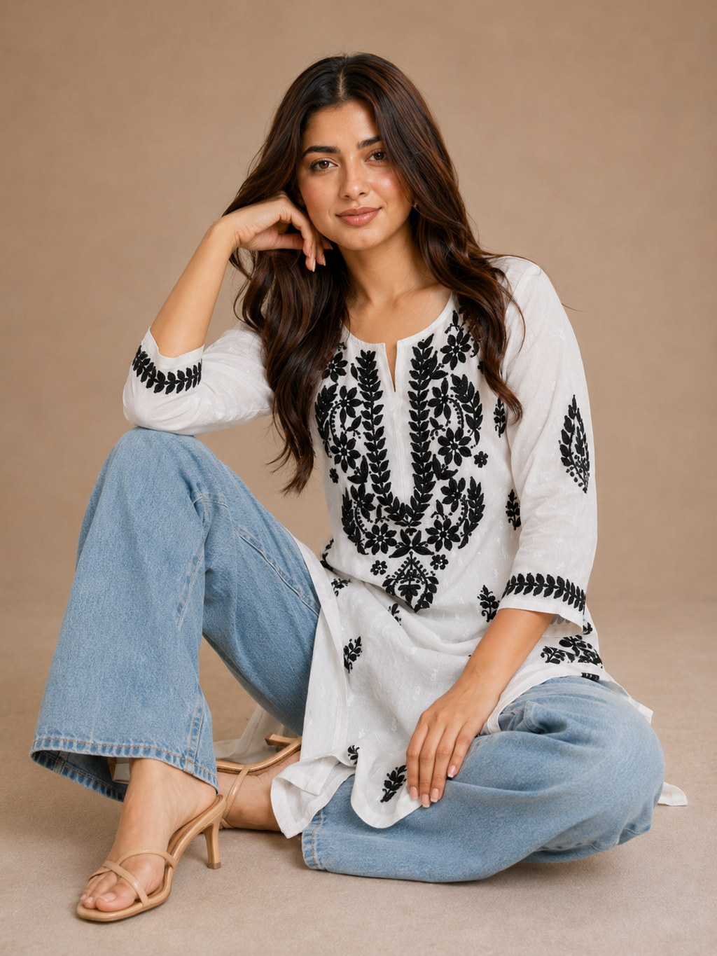 Ilham White & Black Hand-Embroidered Chikankari Jayakot Cotton Long Kurti