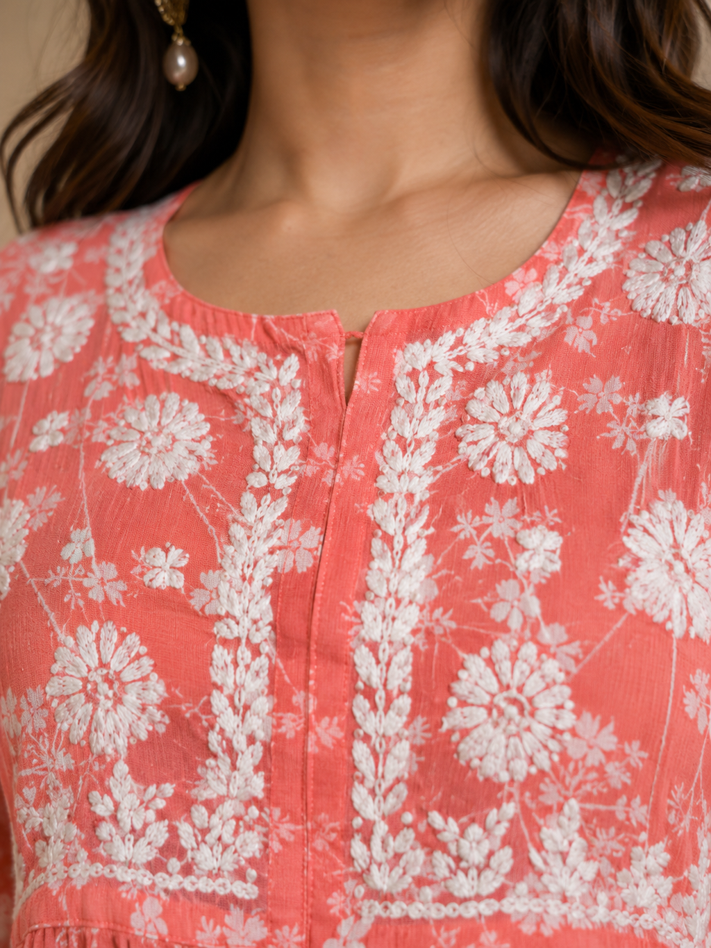 Ilham Hand-Embroidered Mal Print Chikankari Peplum Short Kurti Top - Light Red