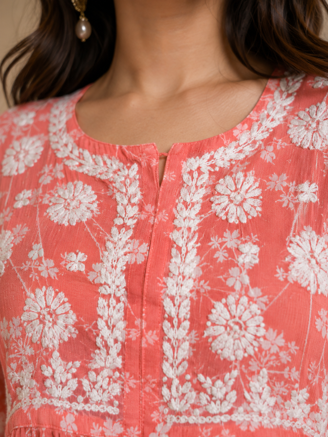 Ilham Hand-Embroidered Mal Print Chikankari Peplum Short Kurti Top - Light Red