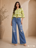 Ilham Hand-Embroidered Mal Print Chikankari Peplum Short Kurti Top - Pista Green