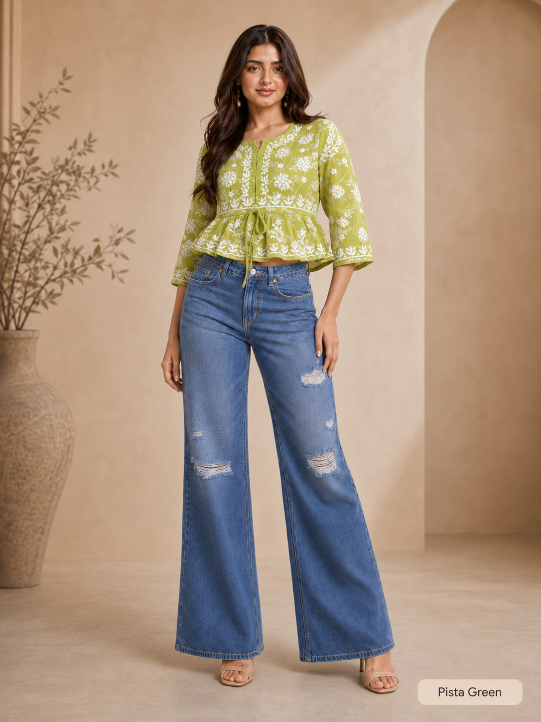 Ilham Hand-Embroidered Mal Print Chikankari Peplum Short Kurti Top - Pista Green