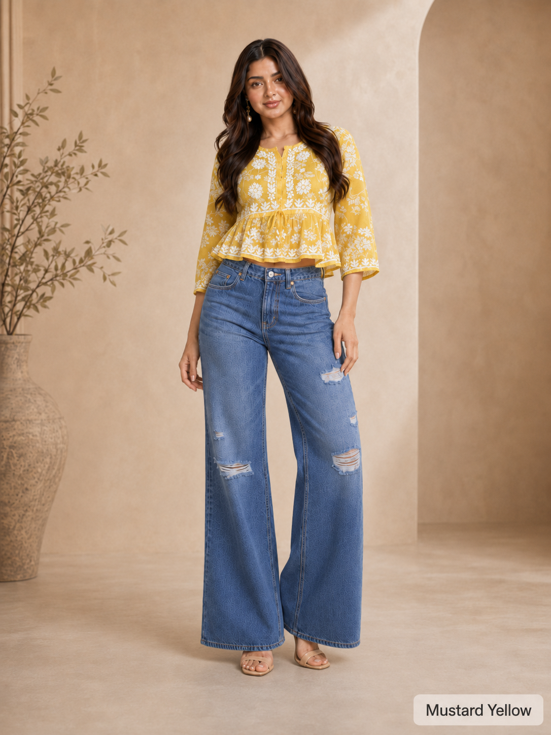 Ilham Hand-Embroidered Mal Print Chikankari Peplum Short Kurti Top - Mustard Yellow