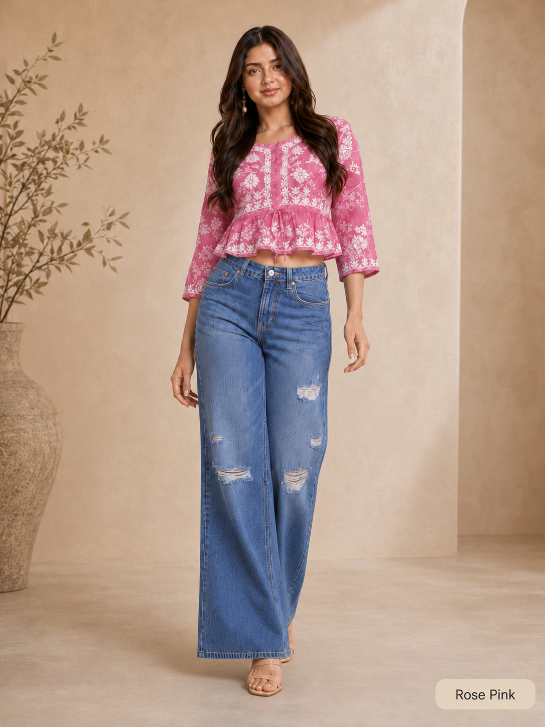Ilham Hand-Embroidered Mal Print Chikankari Peplum Short Kurti Top - Rose Pink