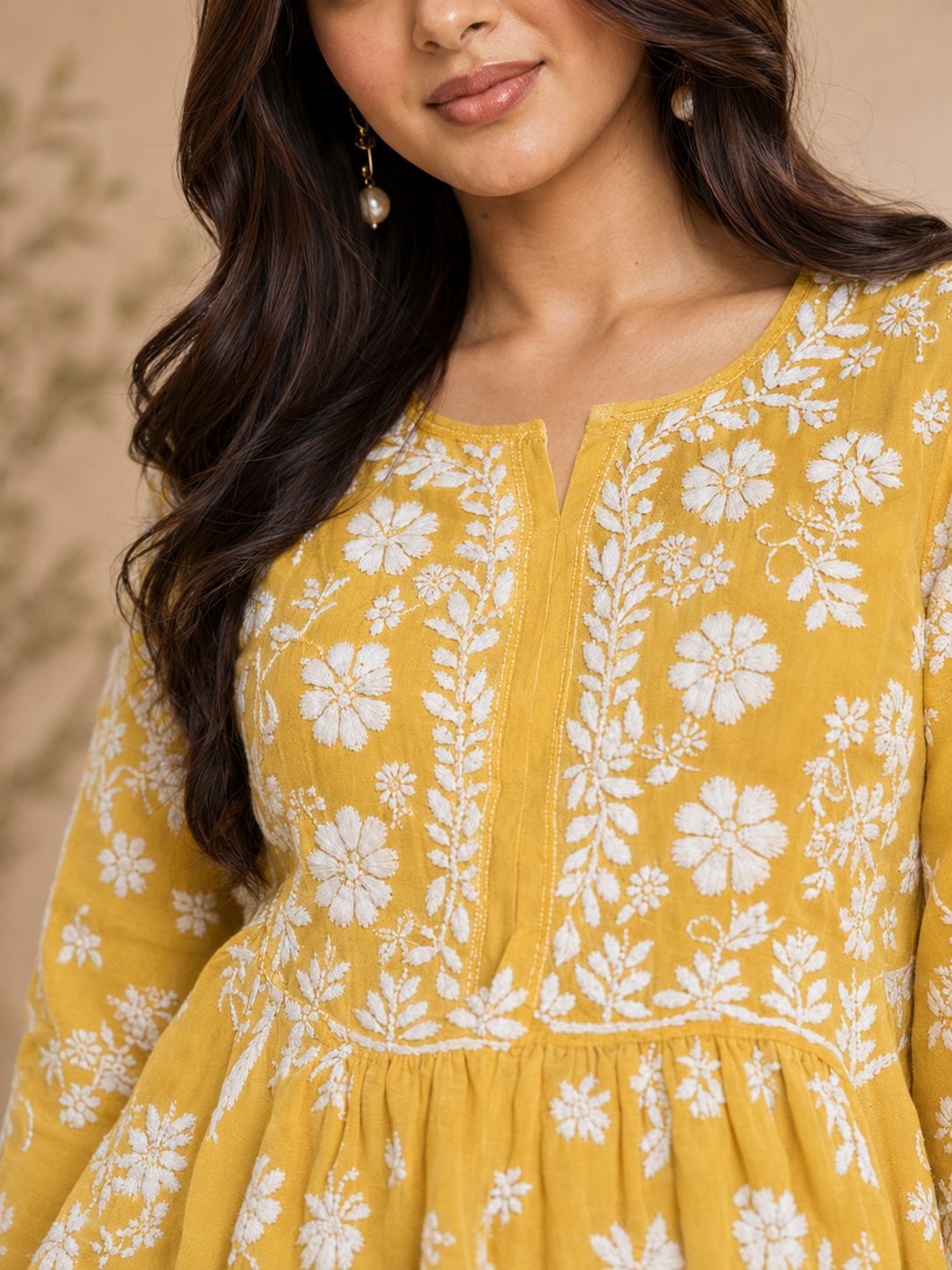 Ilham Hand-Embroidered Mal Print Chikankari Peplum Short Kurti Top - Mustard Yellow