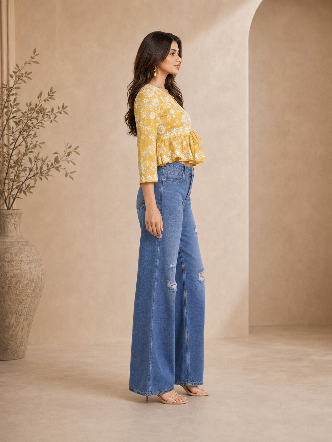 Ilham Hand-Embroidered Mal Print Chikankari Peplum Short Kurti Top - Mustard Yellow