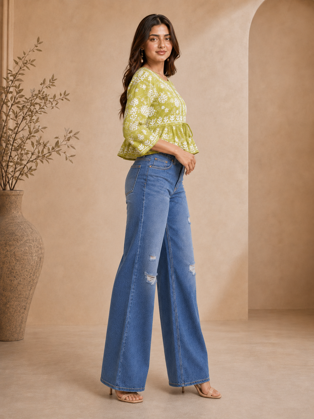 Ilham Hand-Embroidered Mal Print Chikankari Peplum Short Kurti Top - Pista Green