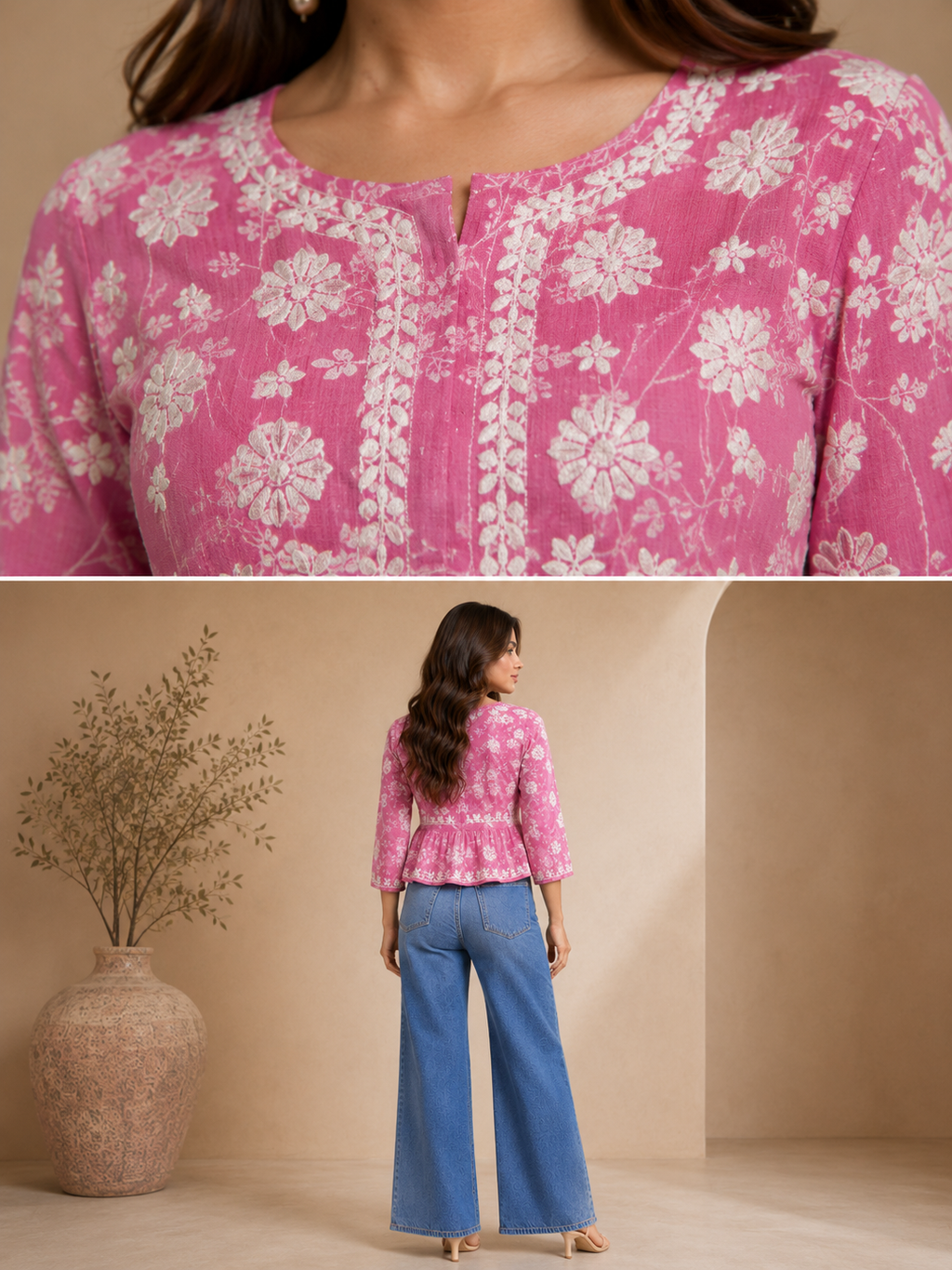 Ilham Hand-Embroidered Mal Print Chikankari Peplum Short Kurti Top - Rose Pink