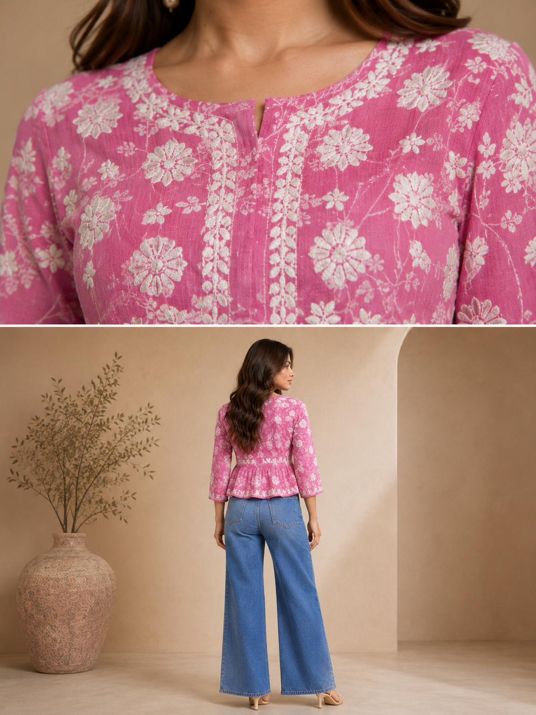 Ilham Hand-Embroidered Mal Print Chikankari Peplum Short Kurti Top - Rose Pink