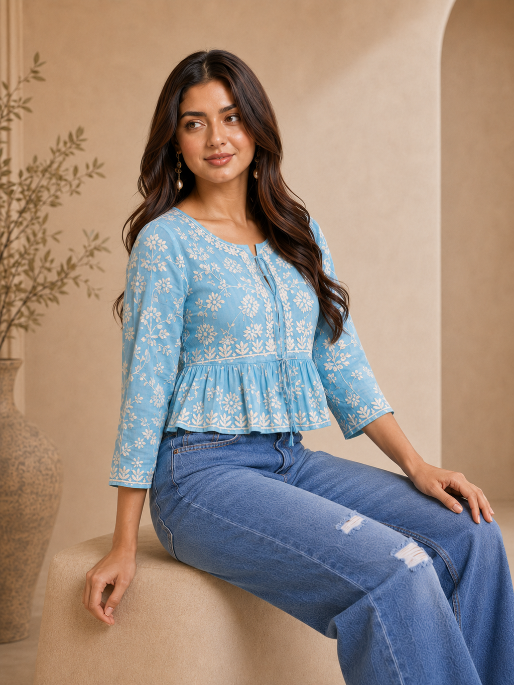 Ilham Hand-Embroidered Mal Print Chikankari Peplum Short Kurti Top - Sky Blue