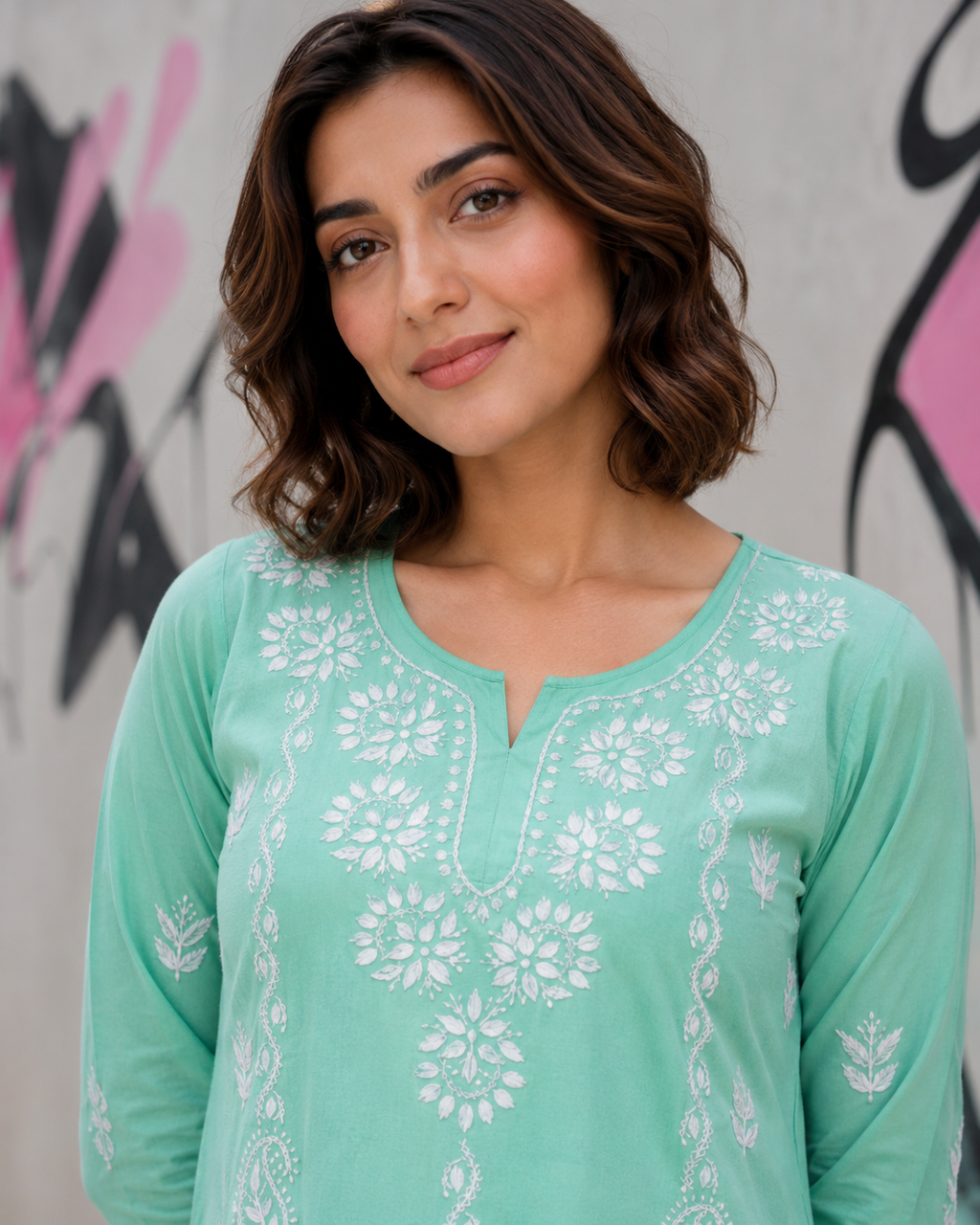 Mint Chikankari Hand Embroidered Short Kurti