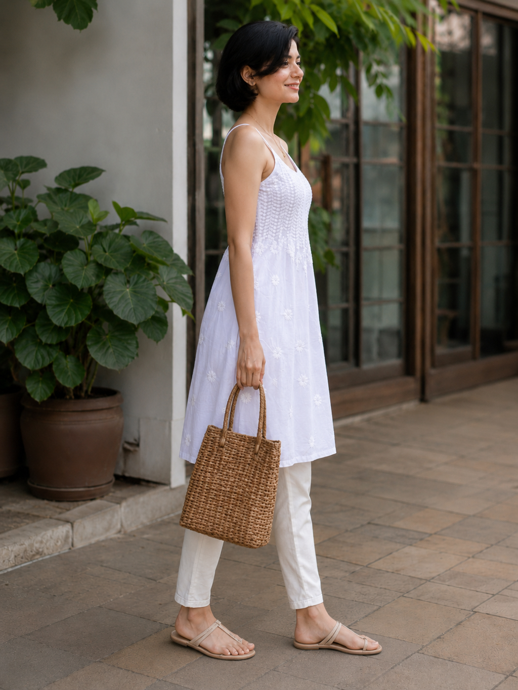 White Hand Embroidered long Spaghetti