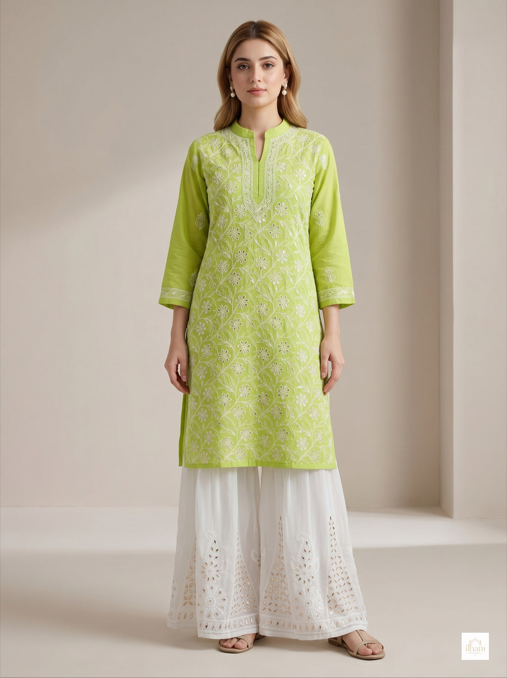 Pista Gul Hand-Embroidered Chikankari Kurti Set 2 pcs