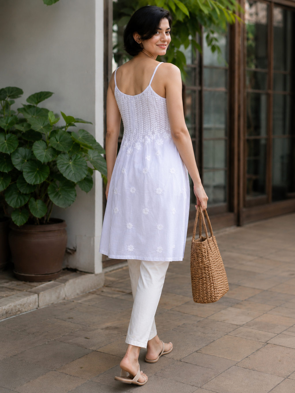 White Hand Embroidered long Spaghetti