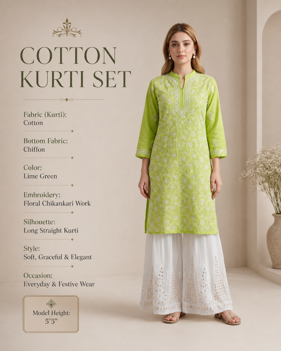 Pista Gul Hand-Embroidered Chikankari Kurti Set 2 pcs