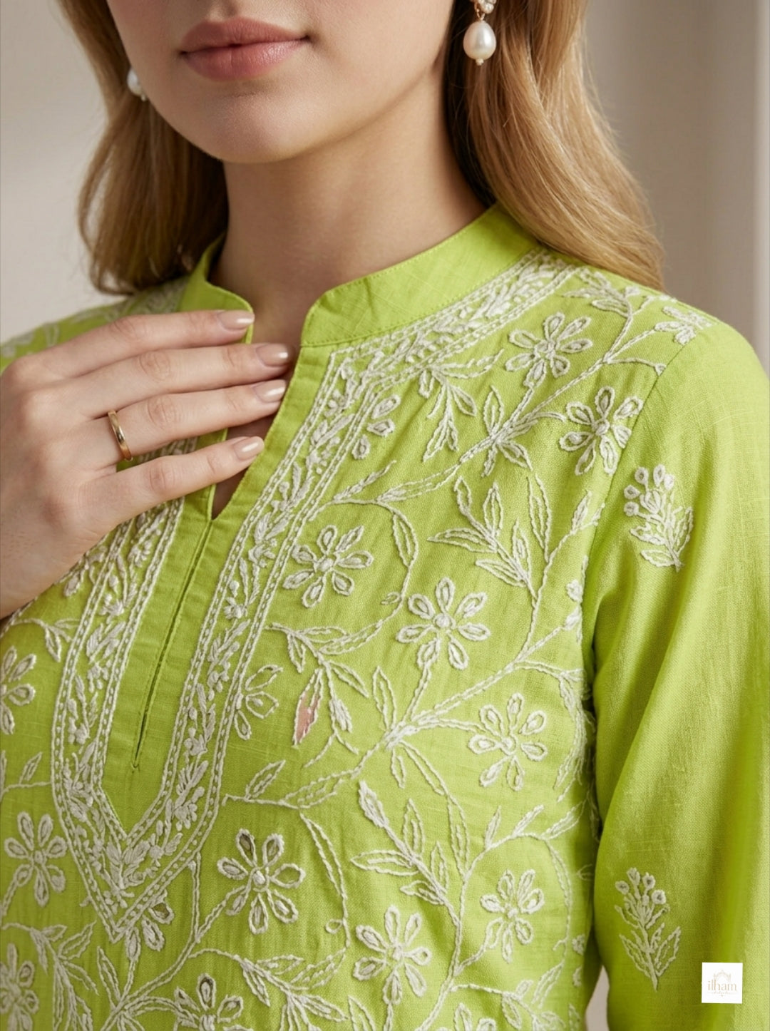 Pista Gul Hand-Embroidered Chikankari Kurti Set 2 pcs